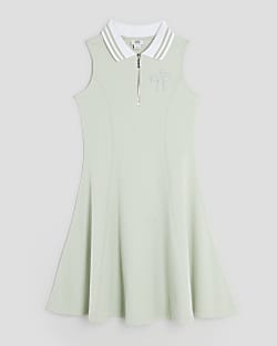 Girls Green Sleeveless Bow Collar Dress