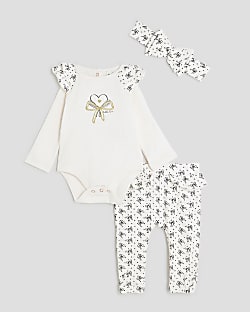 Baby Girls Cream Bow Print Bodysuit Set