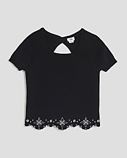 Girls Black Embroidered Hem Top