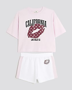 Girls Pink California Lips Crop Top Set