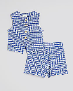 Girls Blue Geometric Button Through Set