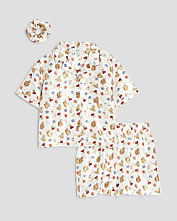 Girls Cream Satin Bakery Bear Pyjamas Set