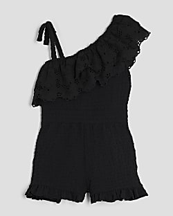 Girls Black Broderie Textured Playsuit
