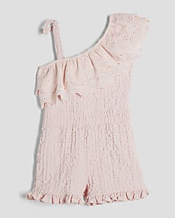 Girls Pink Broderie Textured Playsuit