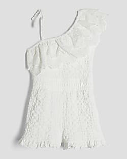 Girls White Broderie Textured Playsuit