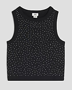 Girls Black Diamante Tank Top