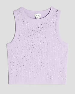 Girls Purple Diamante Tank Top