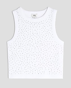 Girls White Diamante Tank Top