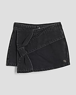 Girls Black Denim Asymmetric Bow Skort