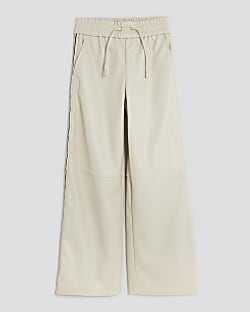 Girls Cream Faux Leather Stripe Wide Trousers