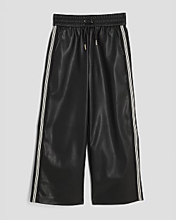 Girls Black Faux Leather Stripe Wide Trousers