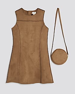 Girls Brown Faux Suede Dress With Bag