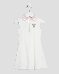 Mini Girls Cream Ribbed Bow Dress