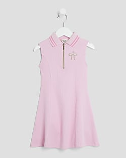 Mini Girls Pink Ribbed Bow Dress