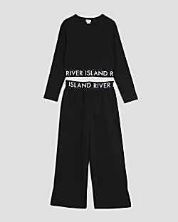 Girls Black RI Waistband Top And Joggers Set