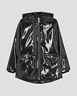 Girls Black Monogram Hooded Raincoat