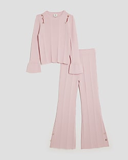 Girls Pink Buttoned Long Sleeve Top Set