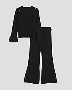 Girls Black Buttoned Long Sleeve Top Set