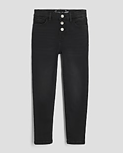Girls Black Skinny Fit Button Front Jeans