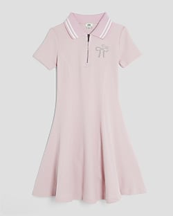 Girls Pink Ribbed Bow Zipped Dress