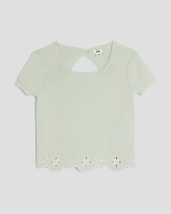 Girls Green Embroidered Hem Top