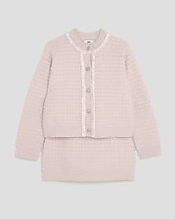 Girls Pink Boucle Cardigan And Skirt Set