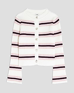 Girls Cream Striped Knitted Cardigan