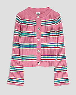 Girls Pink Striped Knitted Cardigan