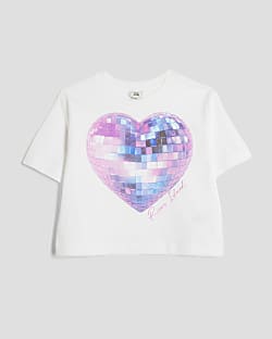 Girls White Disco Heart Crop T-shirt