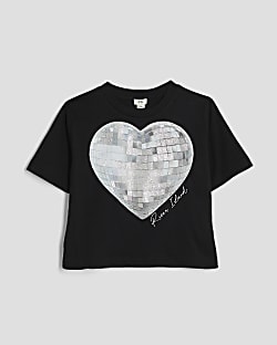 Girls Black Disco Heart Crop T-shirt