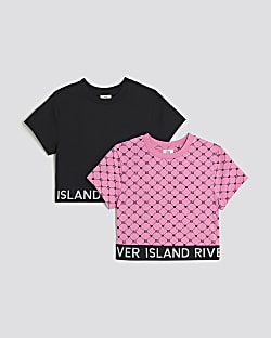 Girls Pink 2 pack Short Sleeve RI Crop Tops