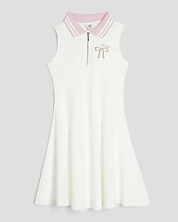 Girls White Sleeveless Bow Collar Dress