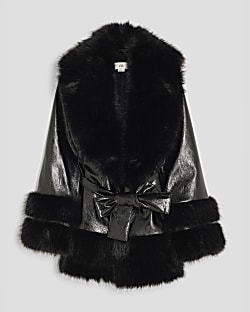 Girls Black Vinyl Faux Fur Wrap Coat
