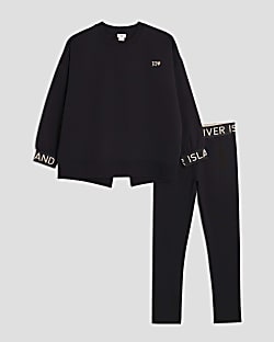 Girls Black Split Back Sweatshirt Set