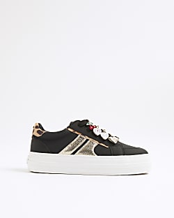 Girls Black Leopard Print Charmed Trainers