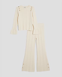 Girls Cream Buttoned Long Sleeve Top Set