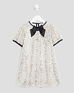 Mini Girls Silver Sequin Bow Shift Dress