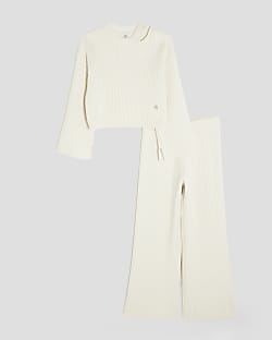 Girls Cream Rib Cut Out Shoulder Jumper Set