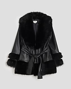 Girls Black Faux Fur Wrap Coats