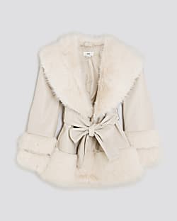 Girls Cream Faux Fur Wrap Coat