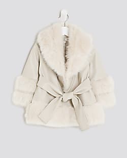 Mini Girls Cream Faux Fur Wrap Coat
