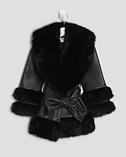 Mini Girls Black Faux Fur Wrap Coat