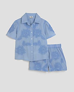 Girls Blue Floral Shirt And Shorts Set