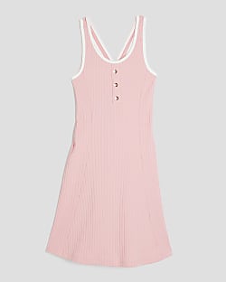 Girls Pink Ribbed Button Fit And Flared Dress