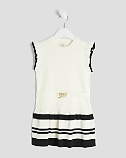 Mini Girls Cream Belted Ruffle Hem Dress