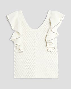 Girls Cream Diamante Trimmed Crochet Top