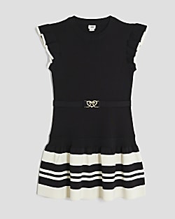 Girls Black Belted Ruffle Hem Dress