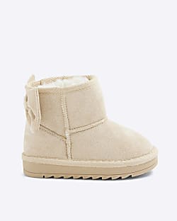 Mini Girls Cream Suedette Bow Fur Lined Boots