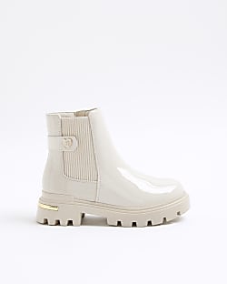 Girls Cream Patent Heart Heeled Chelsea Boots
