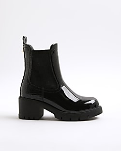 Girls Black Patent Heart Heeled Chelsea Boots